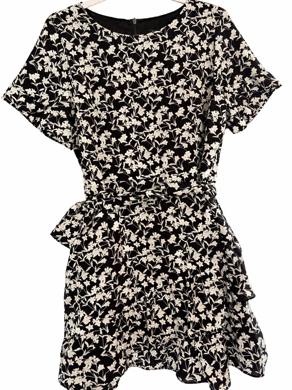 Banana Republic Floral Ruffle Dress Size 12 Black Ivory Asymmetrical Tie Waist
